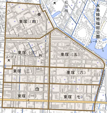 東塚とその周辺の地図。町の範囲を重ねている