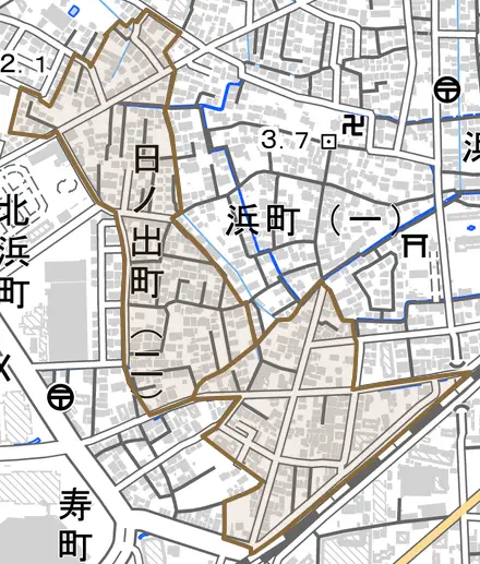 日ノ出町とその周辺の地図。町の範囲を重ねている