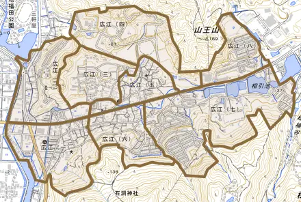 広江とその周辺の地図。町の範囲を重ねている