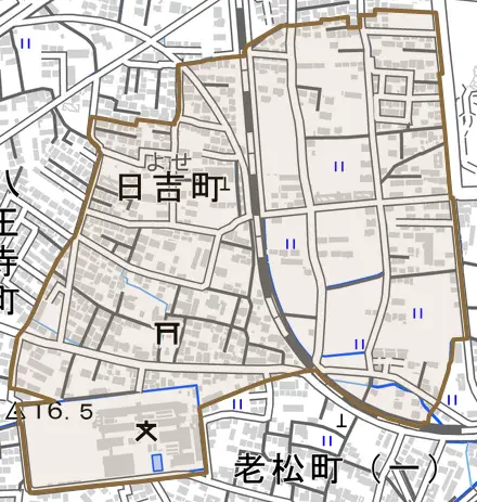 日吉町とその周辺の地図。町の範囲を重ねている