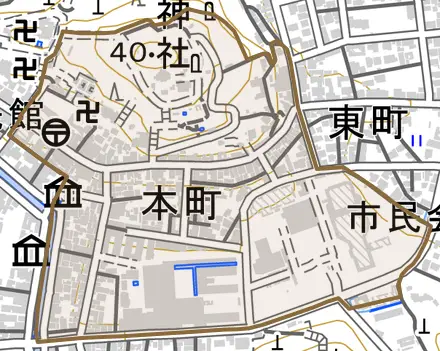 本町とその周辺の地図。町の範囲を重ねている