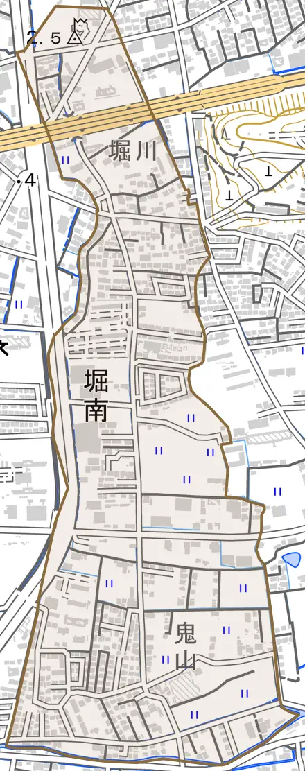 堀南とその周辺の地図。町の範囲を重ねている