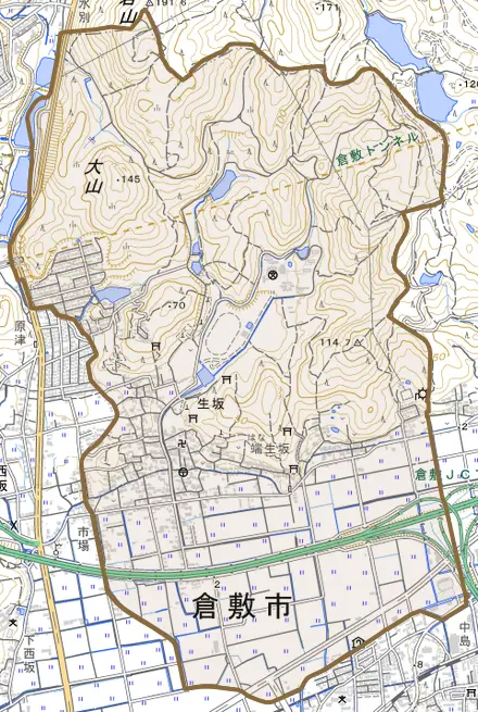 生坂とその周辺の地図。町の範囲を重ねている