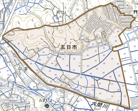 五日市とその周辺の地図。町の範囲を重ねている