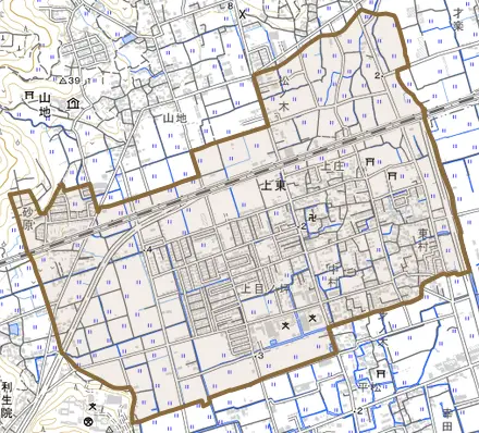 上東とその周辺の地図。町の範囲を重ねている