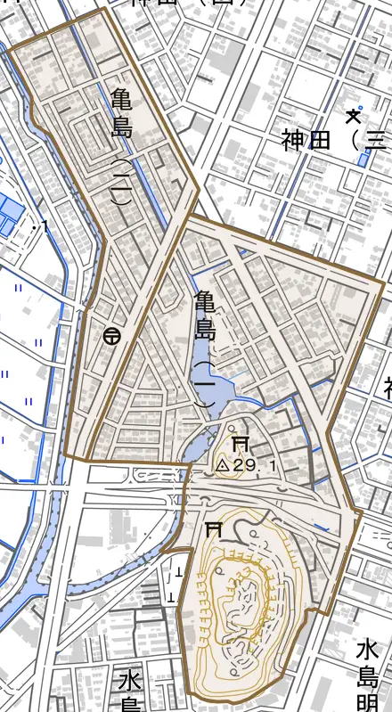 亀島とその周辺の地図。町の範囲を重ねている