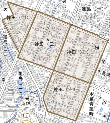 神田とその周辺の地図。町の範囲を重ねている