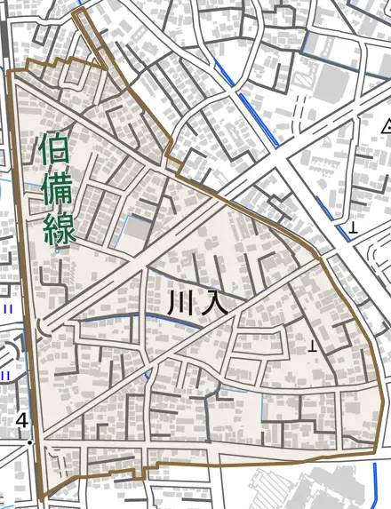 川入とその周辺の地図。町の範囲を重ねている