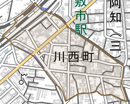 川西町とその周辺の地図。町の範囲を重ねている