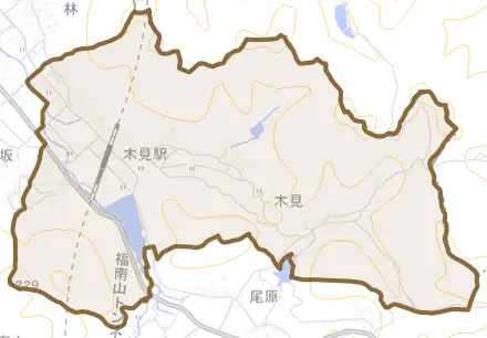 木見とその周辺の地図。町の範囲を重ねている