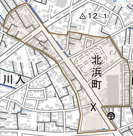 北浜町とその周辺の地図。町の範囲を重ねている