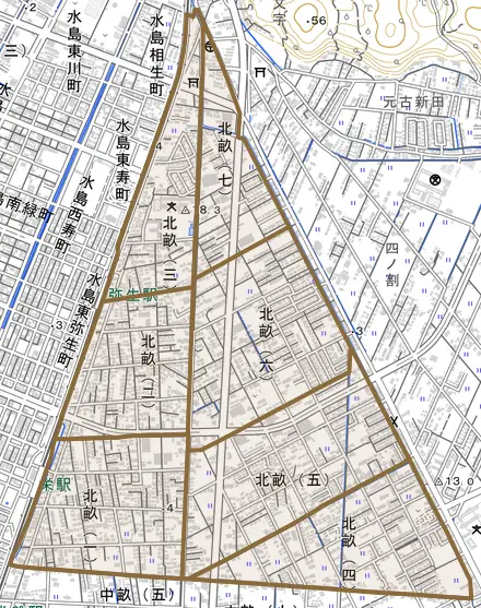 北畝とその周辺の地図。町の範囲を重ねている