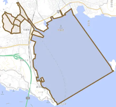 児島味野とその周辺の地図。町の範囲を重ねている