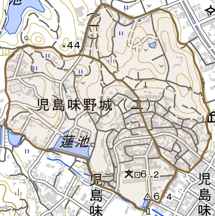 児島味野城とその周辺の地図。町の範囲を重ねている