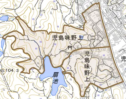 児島味野上とその周辺の地図。町の範囲を重ねている