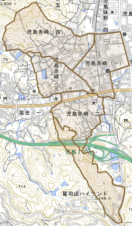 児島赤崎とその周辺の地図。町の範囲を重ねている