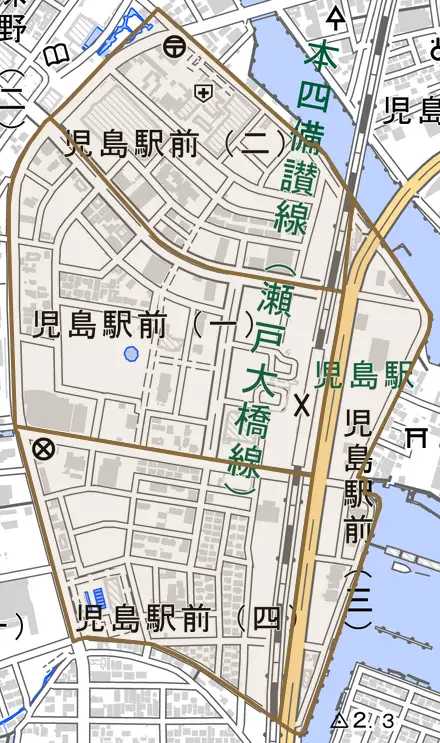 児島駅前とその周辺の地図。町の範囲を重ねている