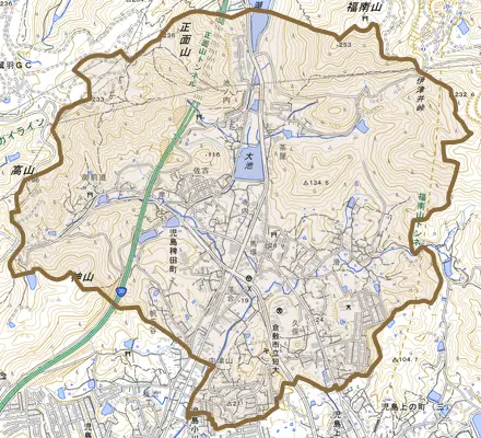 児島稗田町とその周辺の地図。町の範囲を重ねている