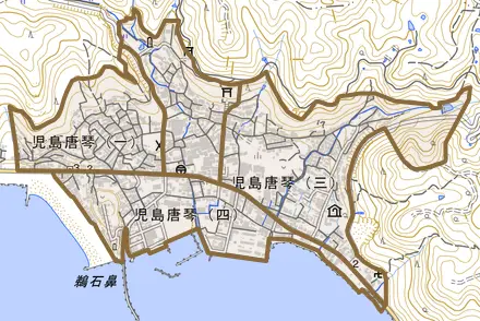 児島唐琴とその周辺の地図。町の範囲を重ねている