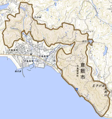 児島唐琴町とその周辺の地図。町の範囲を重ねている