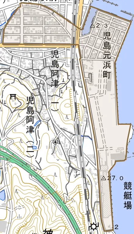 児島元浜町とその周辺の地図。町の範囲を重ねている
