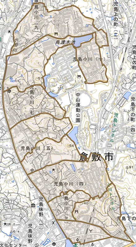 児島小川とその周辺の地図。町の範囲を重ねている