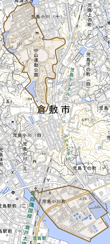 児島小川町とその周辺の地図。町の範囲を重ねている