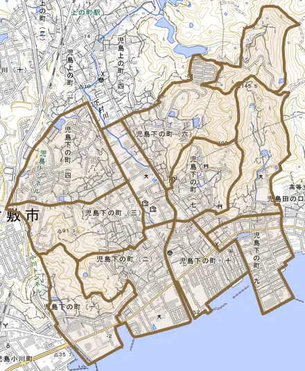 児島下の町とその周辺の地図。町の範囲を重ねている