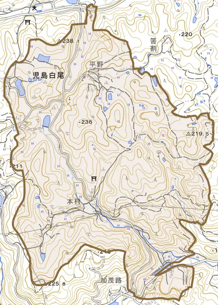 児島白尾とその周辺の地図。町の範囲を重ねている