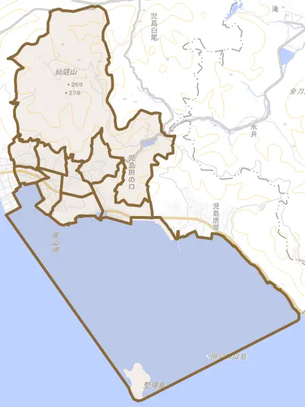 児島田の口とその周辺の地図。町の範囲を重ねている
