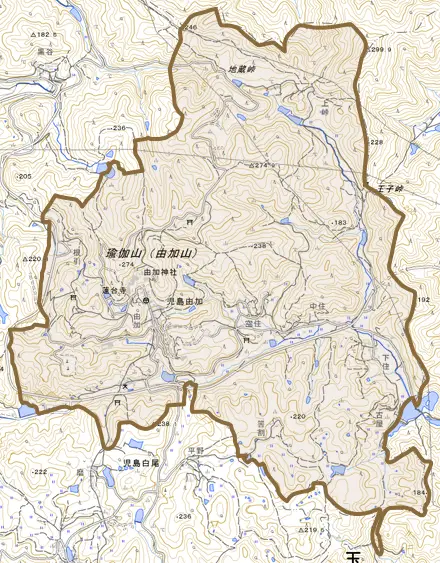 児島由加とその周辺の地図。町の範囲を重ねている
