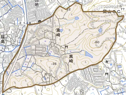 黒崎とその周辺の地図。町の範囲を重ねている