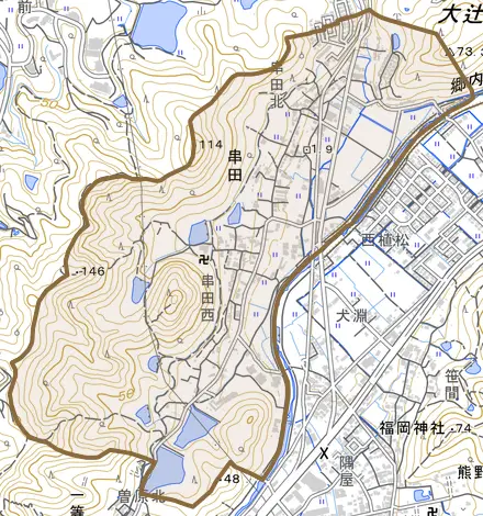 串田とその周辺の地図。町の範囲を重ねている