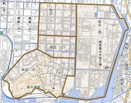 松江とその周辺の地図。町の範囲を重ねている