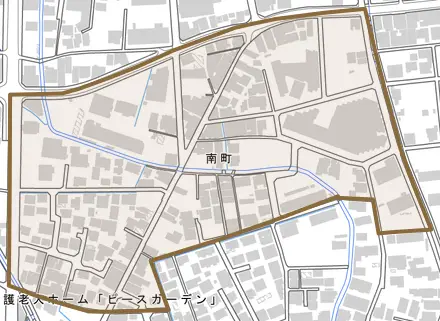 南町とその周辺の地図。町の範囲を重ねている