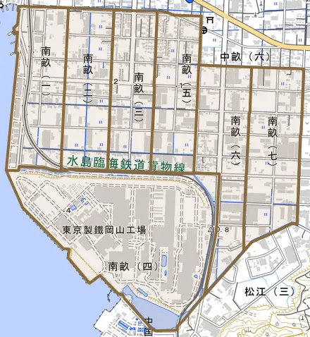南畝とその周辺の地図。町の範囲を重ねている