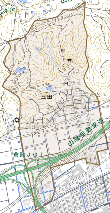 三田とその周辺の地図。町の範囲を重ねている