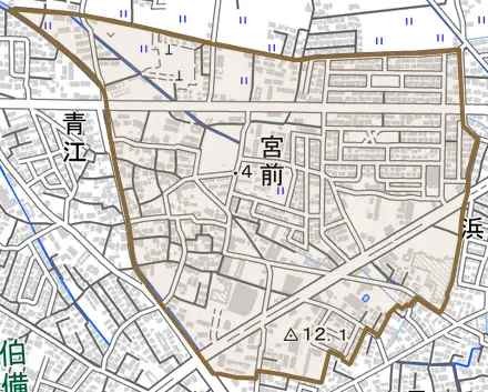 宮前とその周辺の地図。町の範囲を重ねている