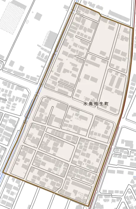 水島相生町とその周辺の地図。町の範囲を重ねている