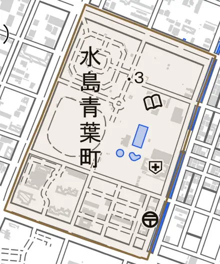 水島青葉町とその周辺の地図。町の範囲を重ねている