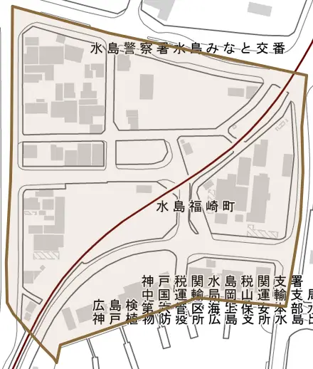 水島福崎町とその周辺の地図。町の範囲を重ねている