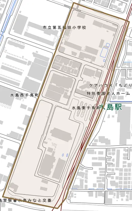 水島東千鳥町とその周辺の地図。町の範囲を重ねている