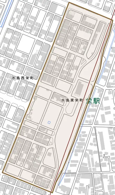 水島東栄町とその周辺の地図。町の範囲を重ねている