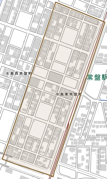 水島東常盤町とその周辺の地図。町の範囲を重ねている