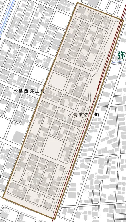 水島東弥生町とその周辺の地図。町の範囲を重ねている