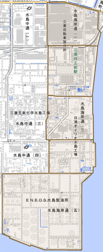 水島海岸通とその周辺の地図。町の範囲を重ねている