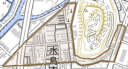 水島北亀島町とその周辺の地図。町の範囲を重ねている