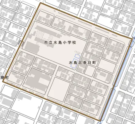 水島北春日町とその周辺の地図。町の範囲を重ねている