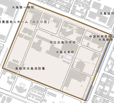 水島北幸町とその周辺の地図。町の範囲を重ねている