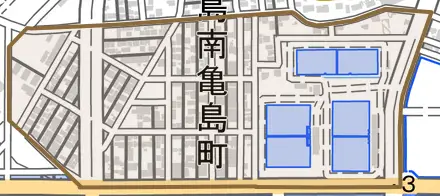 水島南亀島町とその周辺の地図。町の範囲を重ねている